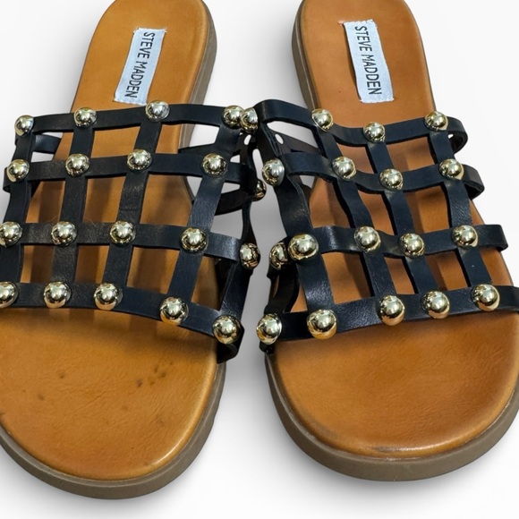 Steve Madden Skyler Black Studded Cage Slide Sandals Size 9 Gold Studs - Picture 9 of 9